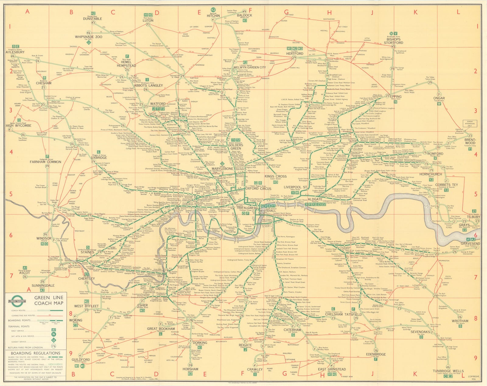 London Transport Green Line Coach system map. L.P.T.B. / Mansfield 1936